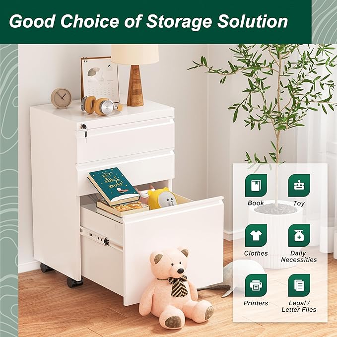 Superday White 3 Drawer Mobile Locking File Cabinet, Metal Rolling Vertical Filing Cabinet with Drawers, Small Under Desk File Cabinets for Office and Home, Fully Assemble