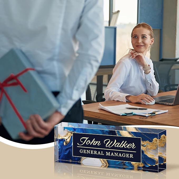 Ship Next Day Personalized Name Plate for Desk, Custom Acrylic Desk Name Sign, Office Appreciation Gifts for Women Men Coworkers Boss Teacher Employee (Blue Coast)