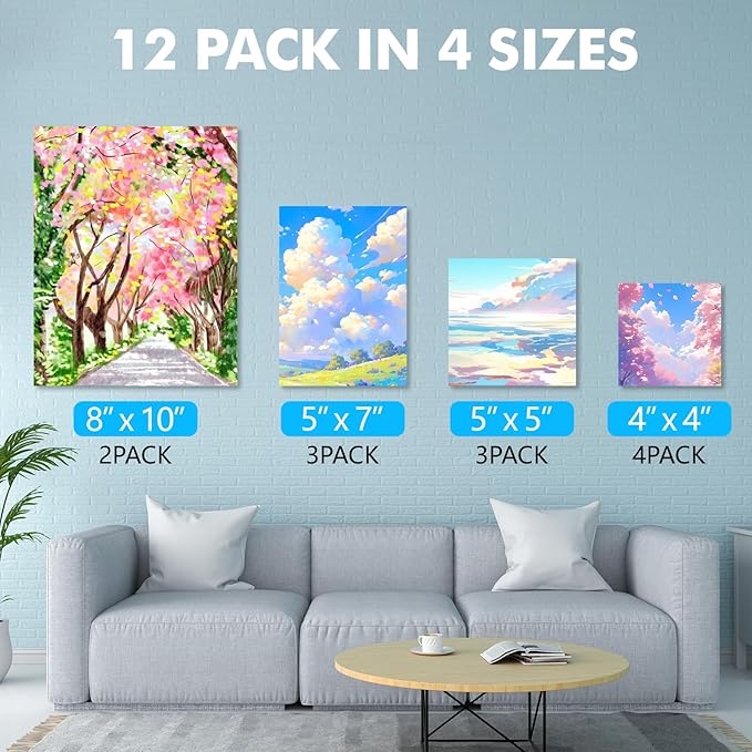 ESRICH Canvas Boards for Painting 12 Pack Art Supplies Paint Canvas 4x4, 5x5, 5x7, 8x10 Blank Large Canvases for Painting-Cotton Primed Canvas Panels for Acrylic, Oil, Gouache & Tempera.