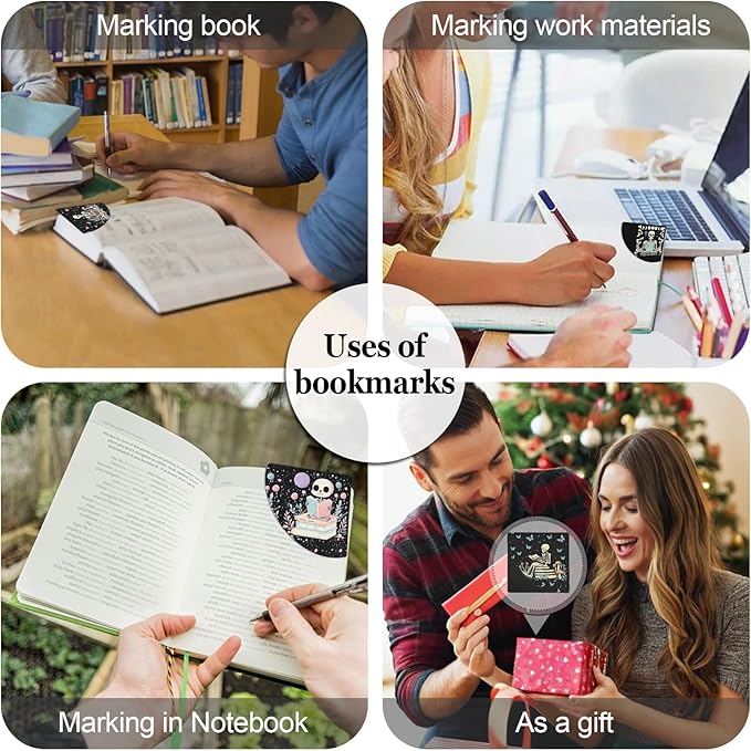 Skeleton Leather Bookmarks 4 Pieces, Funny Book Accessories for Reading Lovers, Corner Page Markers for Women Men Kids Students Teachers Retirement Birthday Gift (Skull Reading)