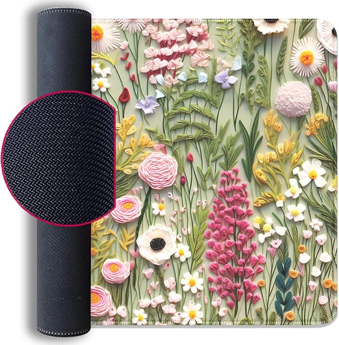 Embroidered Flower Wildflower Embroidery 3D Pattern Mouse Pad Desk Pad,Stitched Edges Non-Slip Waterproof Rubber Base Mous Mat for Office,Computer,Keyboard,Laptop and Home Desk Pad(27.5X11.8 in)