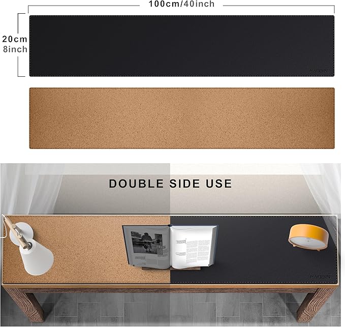 MAIDERN 39.4” x 7.9” Narrow Table Cover, Reversible Leather & Cork Console Table Mat, Long Slim Table Protector for Sofa Table, Entryway, Sideboard, Hallway, or Buffet Table (Black)
