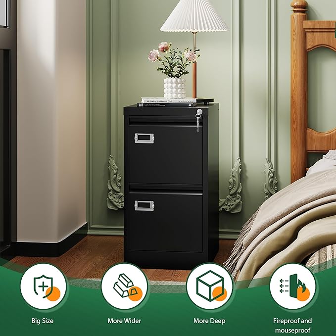 Letaya 2 Drawer File Cabinet with Lock,Metal Vertical Filing Cabinets for Home Office- Storage A4/F4/Letter/Legal -Assembly Required (Black)
