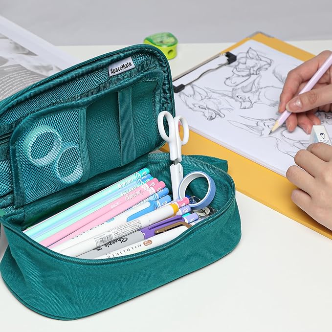 Pencil Case Pouch Box Bag School Supplies Girls Boys Kids, Cute Preppy Stuff Large Big Capacity Aesthetic Pen Organizer, Back to College Stationary, Dark Cyan, Heavy Duty Canvas, 1800ml