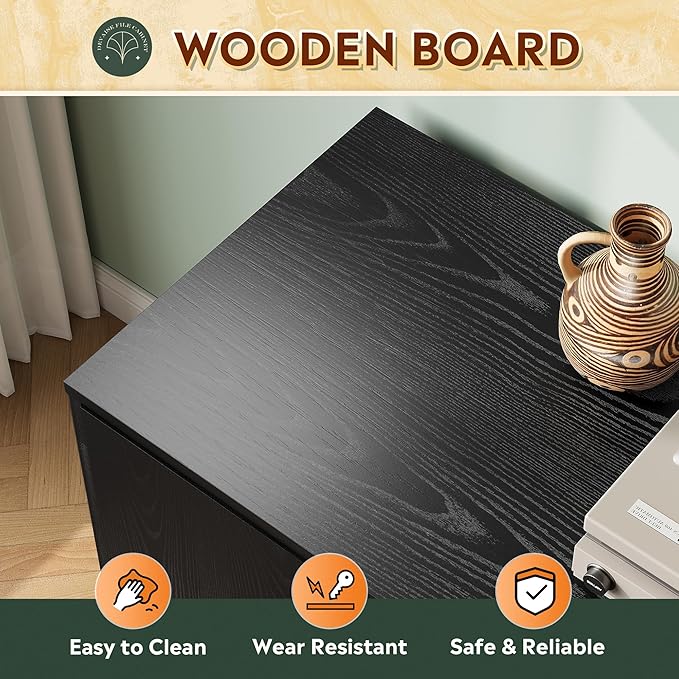 DEVAISE Office File Cabinet with Lock, 1-Drawer Wood Lateral Filing Cabinet on Wheels, Printer Stand with Open Storage Shelves for Home Office, Black