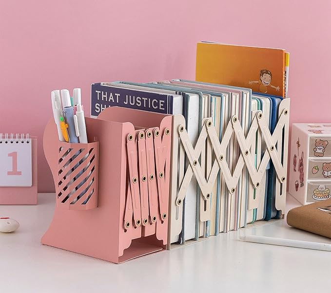 Kingsmile Book Ends, Adjustable Bookends for Shelves, Metal Bookends for Heavy Books, Book Stopper Organzier with Pen Holder for Desk, Kids Room, Office, Classroom, Library, Study Room.(Pink)