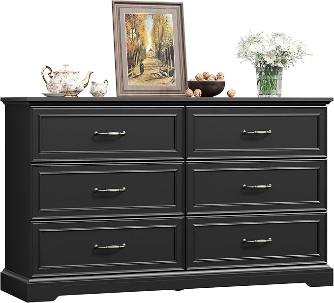 6 Drawer Dresser for Bedroom, 53" Wide Wooden Chest of Drawers, Rustic Farmhouse Dresser with Large Drawers & Metal Handles, Modern Storage Organizer for Closet, Living Room, Hallway, Black