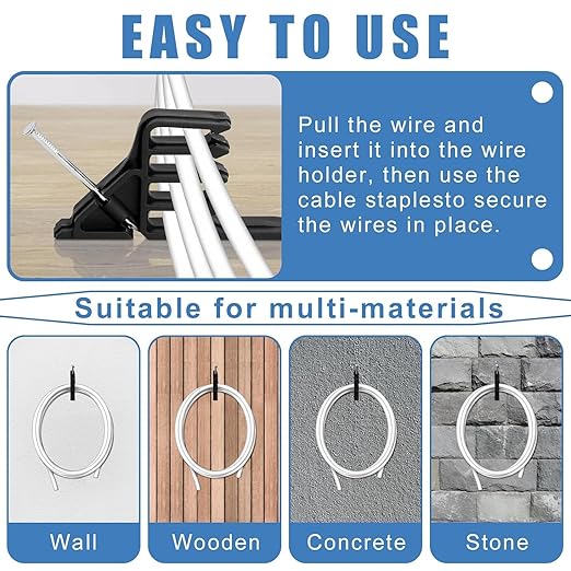 100Pcs Cable Stackers, Cable Staples Clips with Steel Nails, Electrical Wire stackers,Insulated Cord Staples Multi Cable Wire Clips for Suitable Most Cables