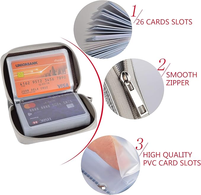 Easyoulife Genuine Leather Credit Card Holder Zipper Wallet With 26 Card Slots