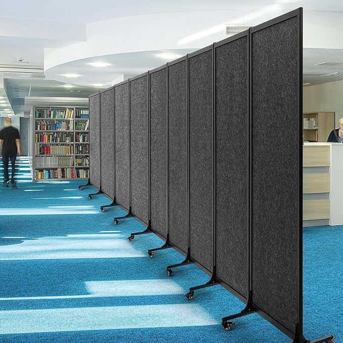 Upgrade Version Room Partition and Divider, Freestanding Rolling Dividers with Wheels,Office Privacy Screen Divider Wall,Classroom Felt Dividers,8'2"L* 6'7"H,4 Panel,Dark Grey