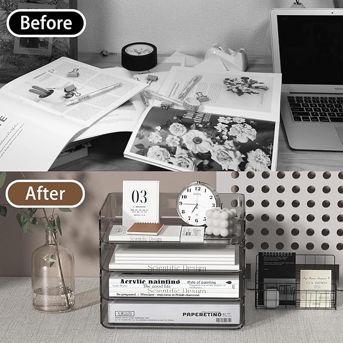 4-Tier Acrylic Paper Tray Organizer - Low-Profile Desk File Sorter for Office/Home, Brown Stackable Letter Tray for Bills, Crafts, Notebooks