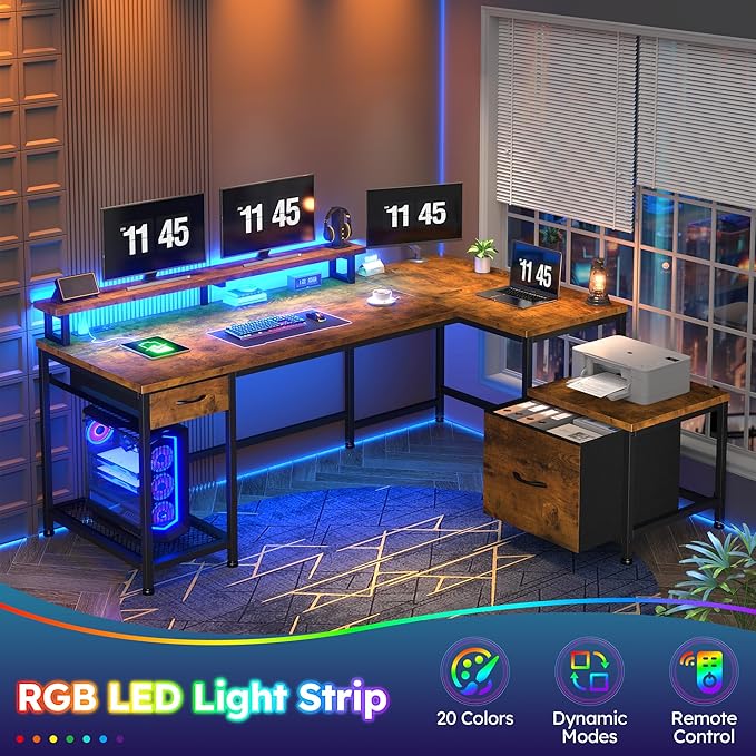 L Shaped Computer Desk with Drawers, Gaming Desk with LED Lights & Monitor Shelf, Office Desks with Power Outlets, Corner Desks for Home Office, Study Room and Bedroom, Rustic Brown