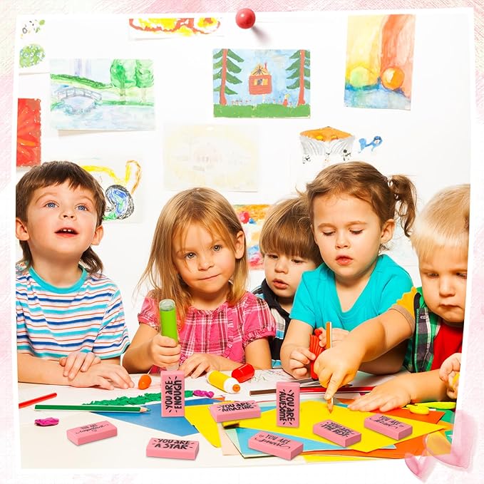 PerKoop 50 Pcs Pcs Inspirational Pink Erasers Bulk Small Motivational Block Pencil Erasers Back to School Gifts for Classroom Students Teachers Office Stationery Supplies