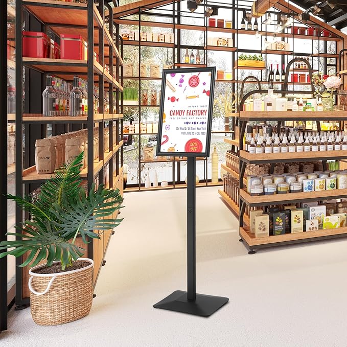 DISPLAYSWORKER Adjustable Heavy Duty Pedestal Sign holder floor Stand,sign stand poster stand Aluminum Snap Open Frame,Standing Floor for 8.5x 11 inch,Vertical/Horizontal View,Black