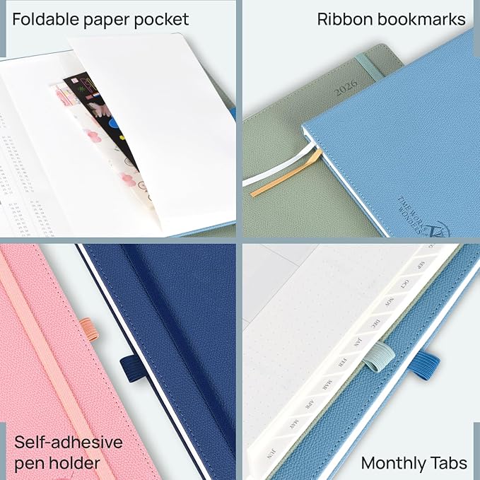 POPRUN 2026 Weekly & Monthly Planner Calendar, 6.75" x 8.75" Medium, Horizontal Layout with Lined Sections, Jan. 2026 - Dec. 2026, Leather Hardcover, 100GSM Paper, Inner Pocket - Soft Pink