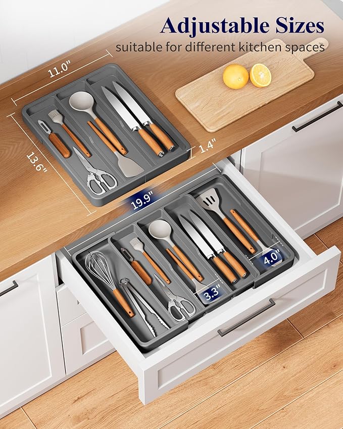 Kitsure Expandable Silverware Organizer – Large Utensil Drawer Kitchen Organization with 5 Compartments, Easy-Clean, Home & Apartment Essentials, Grey, 13.6" x 1.4"x 11.0"~19.9"