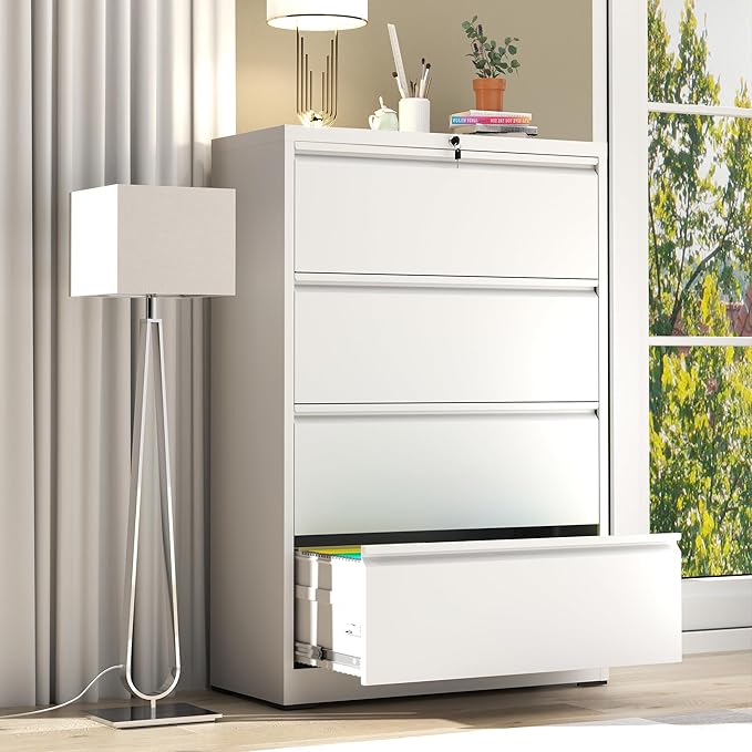 AQY 4 Drawer File Cabinet with Lock,Metal Lateral File Cabinets for Home Office,Steel Wide Filing Organization Storage Cabinets for Hanging Files Letter/Legal/F4/A4 Size Assembly Required(White)