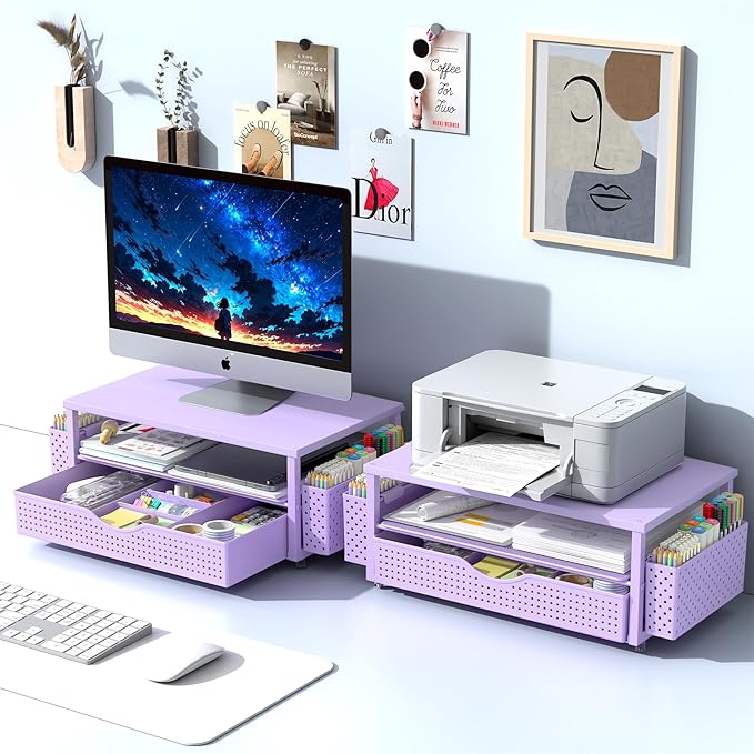Spacrea Desk Organizer and Accessories, Computer Monitor Stand Riser with Drawer and 2 Pen Holders, Office Desk Accessories & Workspace Organizers for Office Supplies (Purple)
