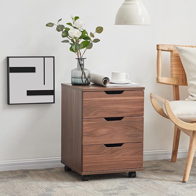 Farini 3-Drawer Vertical Filing Cabinet Rolling Wood Mobile File Cabinets Under Desk for Home Office with Casters (Brown Walnut, Non-Assembled)