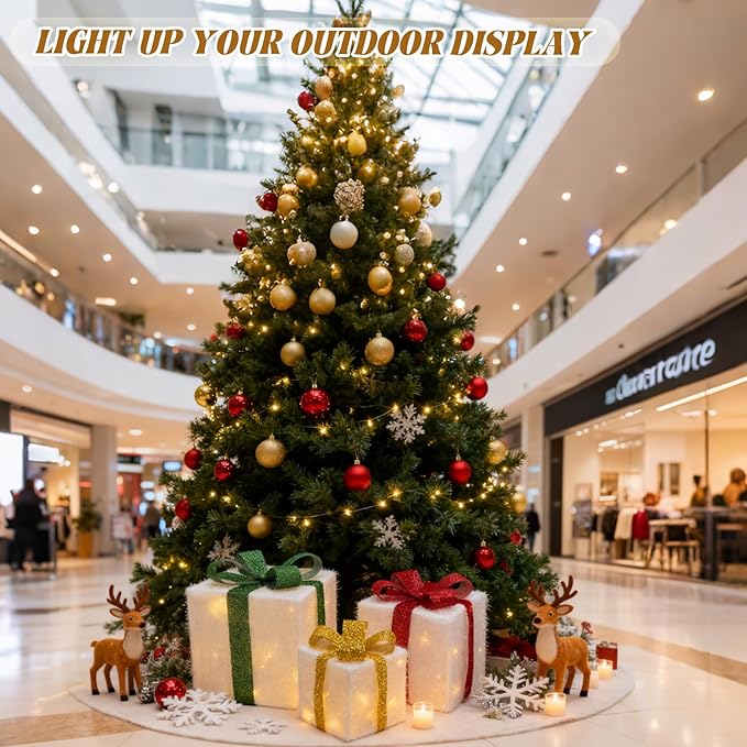 Set of 3 Christmas Lighted Gift Boxes, Large Gift Boxes for Christmas Decorations Outdoor, 50 LED Xmas Box Decorations, Plug-in Warm White Present Box for Indoor/Outdoor, Xmas Tree, Home