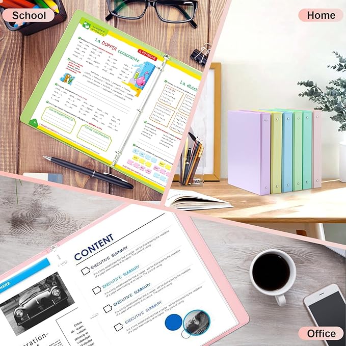 1" 3-Ring Binder, 1-inch Pastel Color Binders with 2 Inside Pockets, Clear View Cover Binder Holds 8.5'' x 11''Paper, Round Ring Binders for Office/Home/School, 6 Pack (Assorted 6 Colors)