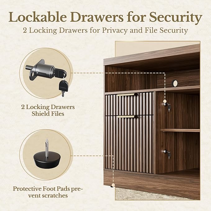 2 Drawer Fluted File Cabinet, 32'' Lateral File Cabinet with Lock and AC/USB for Legal/Letter/A4/F4 Size, Wood Filing Cabinet with Storage Shelves for Home Office, Black Walnut