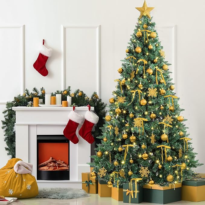 86Pcs Led Light Champagne Gold Christmas Tree Decorations Set 100 Led Light Christmas Star Trees Topper with String Lights Xmas Balls Snowflakes Ornaments Bows Xmas Trees Decor 20m Light String