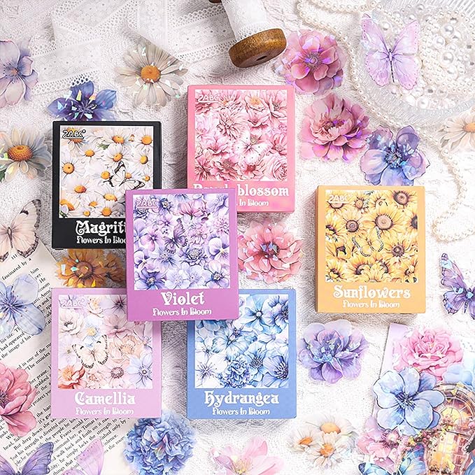 Doraking 60 Pieces Glitter Shiny Flower Stickers for Journaling, Waterproof Decorative Decal for Scrapbooking Supplies Journal Planners Art Crafts Photo Album Decor (Pink)