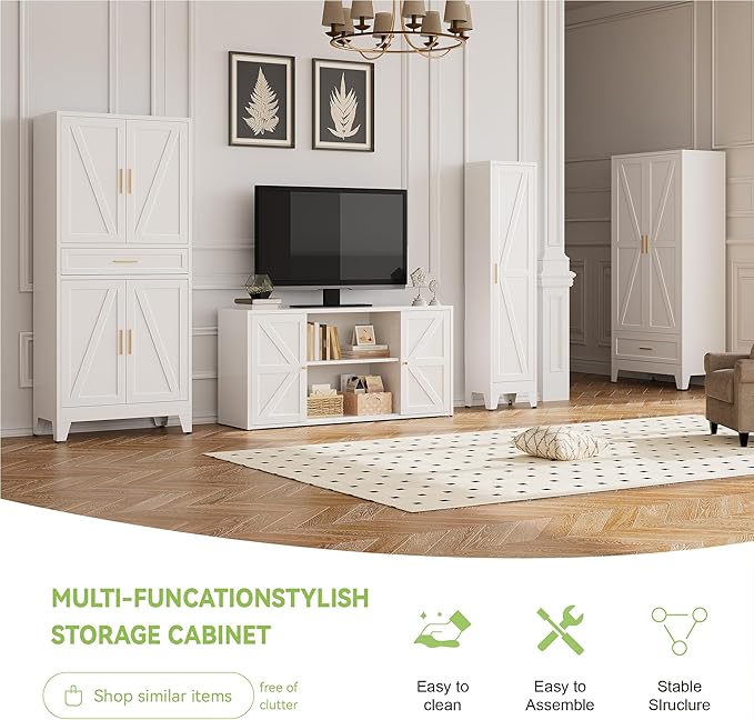 71" Tall Metal Storage Cabinet with Adjustable Shelves,Farmhouse Kitchen Pantry Cabinet with 2 Barn Doors and Drawer,Large Storage Cabinets for Dining Room,Bathroom,Living Room(White)