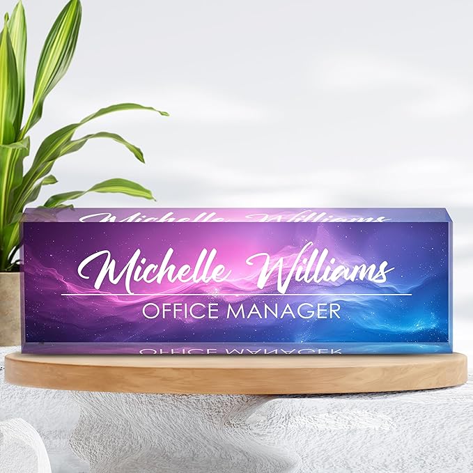 Personalized Name Plate for Desks, Custom Desk Name Plates, Acrylic Name Plate Office Desk Accessories, Personalized Office Gifts for Coworkers Teachers, Employee Appreciation Gifts (Purple Nebula)