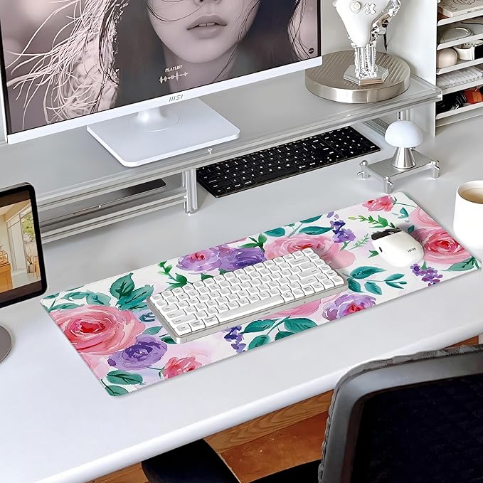 31.5”x11.8”Large Gaming Mouse Pad for Desk, Mouse Mat with Seamed Edges, Waterproof Desk Pad, Non-Slip Rubber Base, Keyboard Pad Computer Mat, Big XL Mousepad-Rose Watercolor Painting