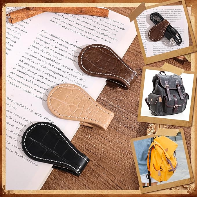 3PCS Vintage Magnetic Leather Bookmark, Leather Magnetic Bookmarks for Women, Magnetic PU Bookmarks Clip Book Accessories, Lychee Pattern