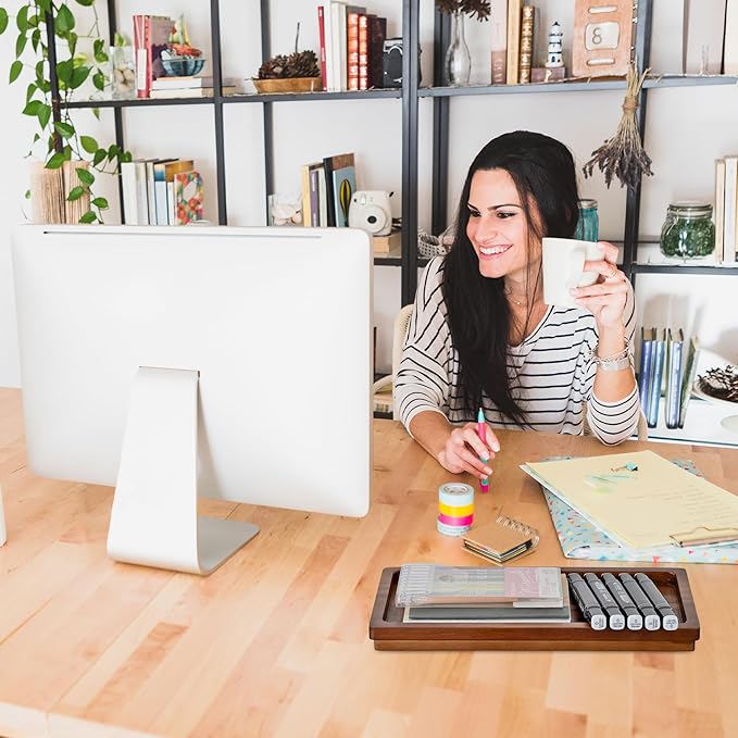 Demigo Acacia Wood Valet Tray & Catchall (11.9x6x1 inch) - Wooden Desk Organizer for Office Supplies, Keys, Wallet & Mail - Entryway & Nightstand Decor