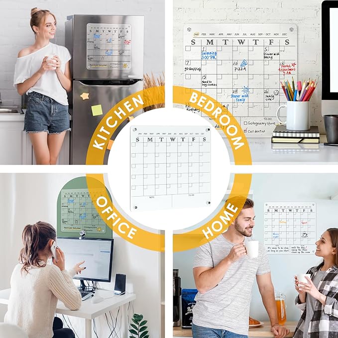 MAKELLO Acrylic Calendar for Wall, Clear Fridge Calendar for Family,2 Pens, Pen Holder, Fixing Screw and Magnets for Refrigerator,12x12 in