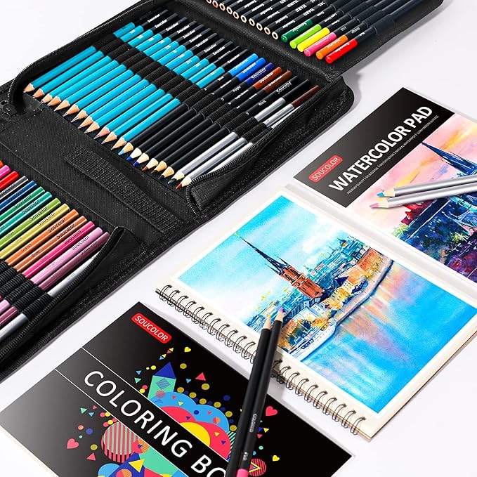 Art Supplies, Soucolor 76 Pack Drawing Set Sketching Kit, Christmas Gifts Box for Adult Kids Teen Girls: 3-Color SketchBook, Watercolor Pad, Coloring Book, Charcoal Colored Watercolor Metallic Pencils
