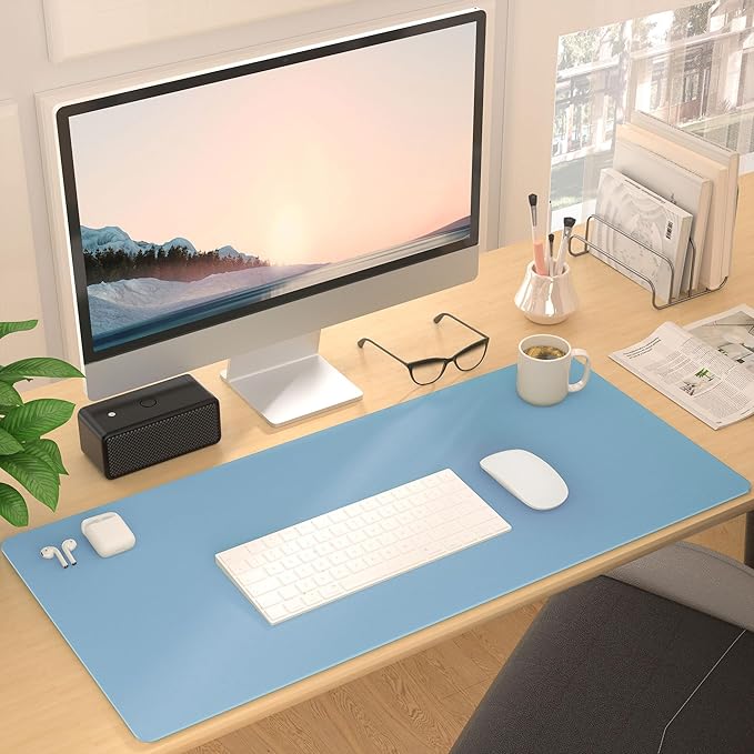 Roslim Leather Desk Pad Protector,Mouse Pad,Non-Slip Computer Mat for Desk,PU Leather Office Desk Mat for Home & Office,Waterproof Laptop Desk Blotter for Keyboard and Mouse,Sky Blue (15.7''X31.5'')