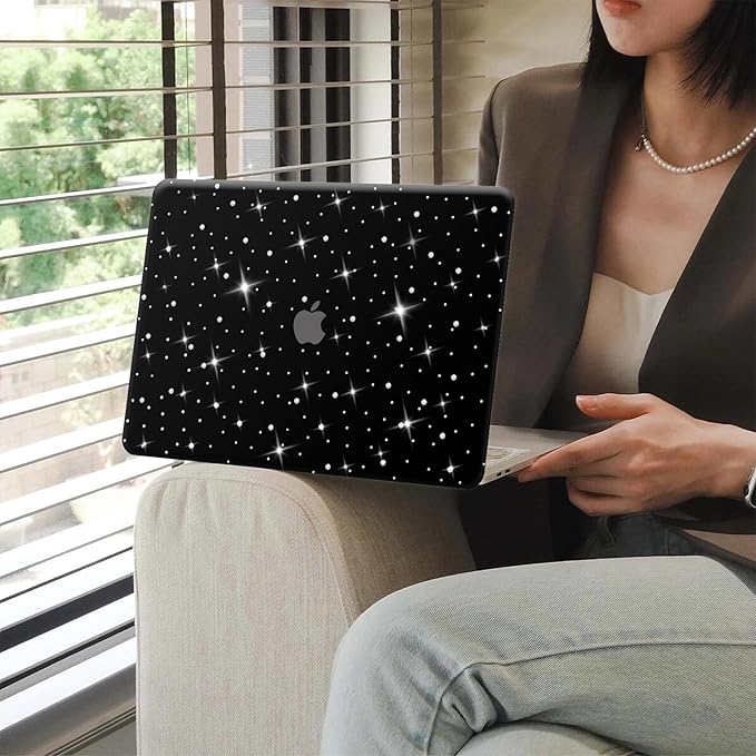 KEROM Diamond Case for MacBook Air 13 inch 2022-2018 M1 A2337 A2179 A1932, Luxury Bedazzled Bling Shiny Sparkle Glitter Texutured PU Leather Hard Shell Case & Keyboard Cover for Mac Air 13, Black