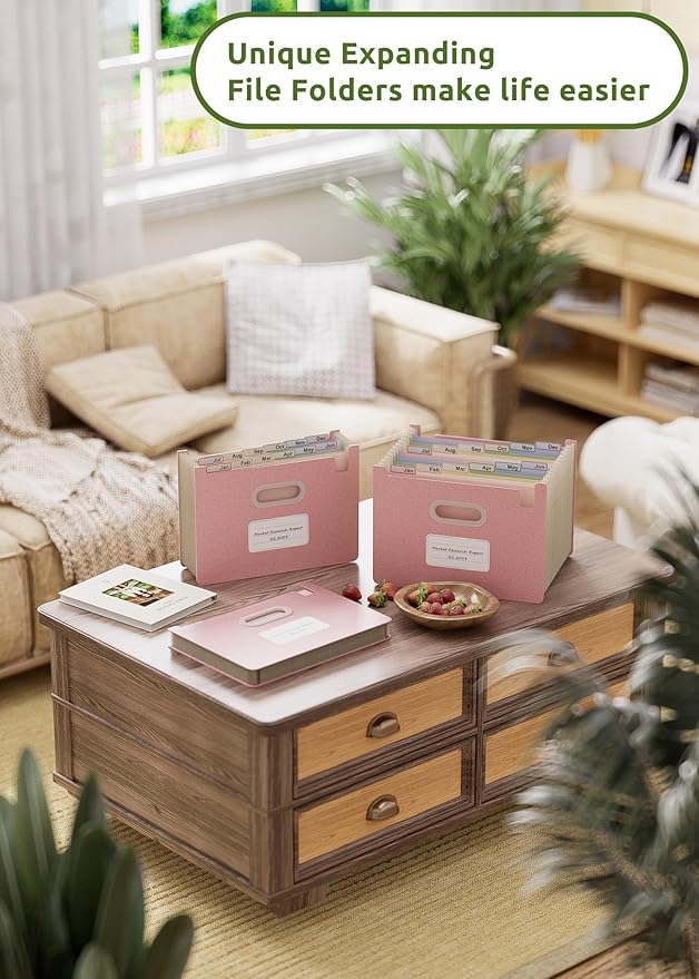 Accordion File Organizer, 12 Pockets Wheat Straw Expanding File Folders, Upright&Open Top, Monthly Bill Receipt Organizer, 100%BPA Free, Return to Nature, Healthy Living,Letter/A4 Size-Strawberry Pink