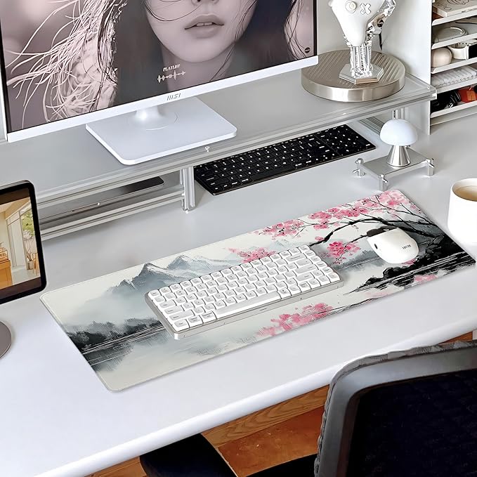 31.5”x11.8”Large Gaming Mouse Pad for Desk, Mouse Mat with Seamed Edges, Waterproof Desk Pad, Non-Slip Rubber Base, Keyboard Pad Computer Mat, Big XL Mousepad-japannese Landscape Painting