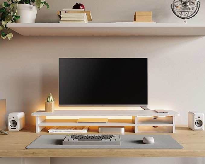 Fenge Monitor Stand, Dual Monitor Riser, 42.5inch Large Desk Computer Monitor Stand Riser with Drawer, 2 Tier Wood & Acrylic Desktop Organizer for Computer, Laptop, Printer, TV Screen Riser