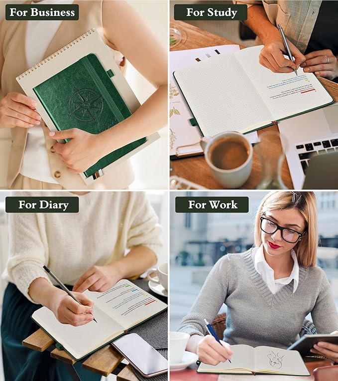 Dotted Journal Notebook for Women Men, 160 Pages Dot Grid Paper,Inner Pocket, A5 Hardcover Vintage Leather Notebooks for School, Work, Travel, Note Taking,Bullet Journaling 5.8"x8.5" (Green)