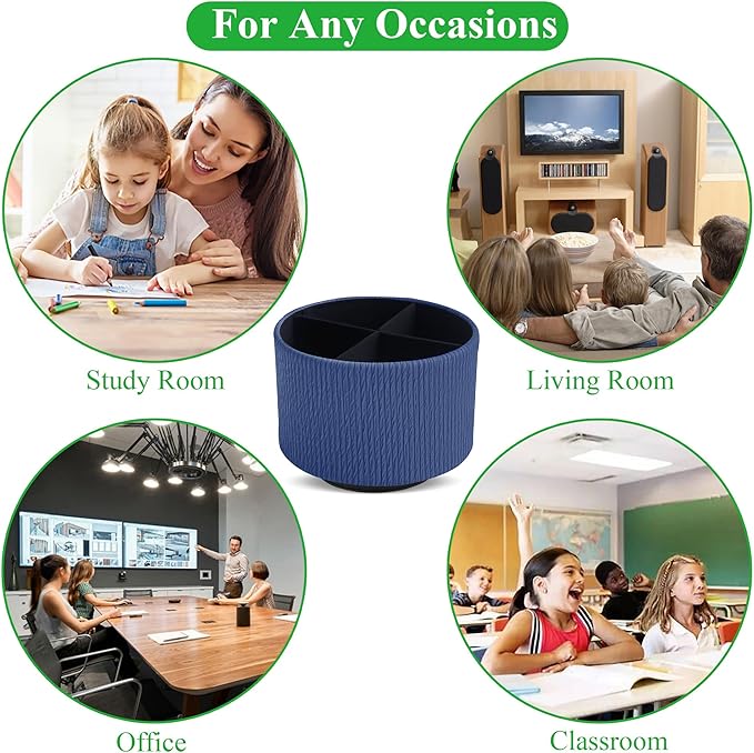 Hennaja Round Leather Art Supply Organizer,Remote Control Holder,360 Degree Spinning,Multi-Functional Pencil Holder,4 Compartments Desktop Stationary Organizer(1-Vertical Wood Blue)