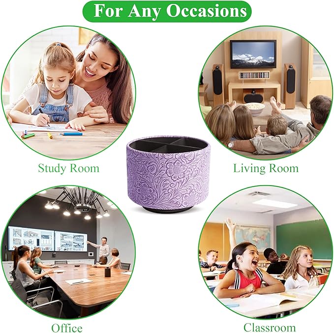 lizimandu Round Leather Art Supply Organizer,Remote Control Holder,360 Degree Spinning,Multi-Functional Pencil Holder,4 Compartments Desktop Stationary Organizer(1-Carved Puple)