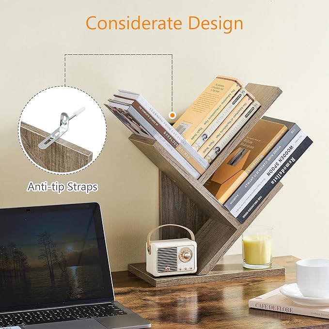 Tajsoon 3 Tier Tree Bookshelf, Small Bookshelf, Desktop Bookshelf Floor Standing Bookcase Display for CDs/Magazine/Books, Book Organizer Shelves for Bedroom, Living Room, Office, Greige