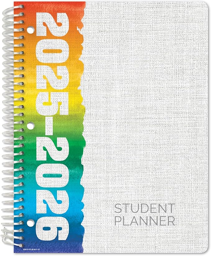 Global Datebooks Dated Middle School or High School Student Planner for Academic Year 2025-2026 Includes Ruler/Bookmark and Planning Stickers (Block Style - 8.5"x11" - Rainbow Linen)