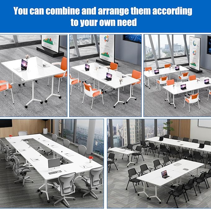 Conference Table, Folding Conference Desk Modern White, Seminar Table with Wheels, 2-10 People for Office, Meeting Break Room (4, 1915, 47IN)