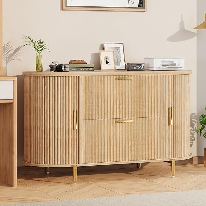 SEDETA 2 Drawer File Cabinet, 39.4" Filing Cabinet for Home Office, fit Legal/Letter/A4 Size, Modern Fluted Filing Cabinets with 2 Sliding Door Storage, Printer Stand, Natrual