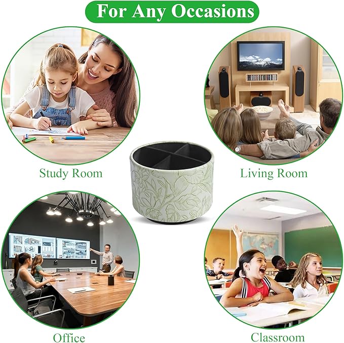 Hennaja Round Leather Art Supply Organizer,Remote Control Holder,360 Degree Spinning,Multi-Functional Pencil Holder,4 Compartments Desktop Stationary Organizer(1-Carved Green)