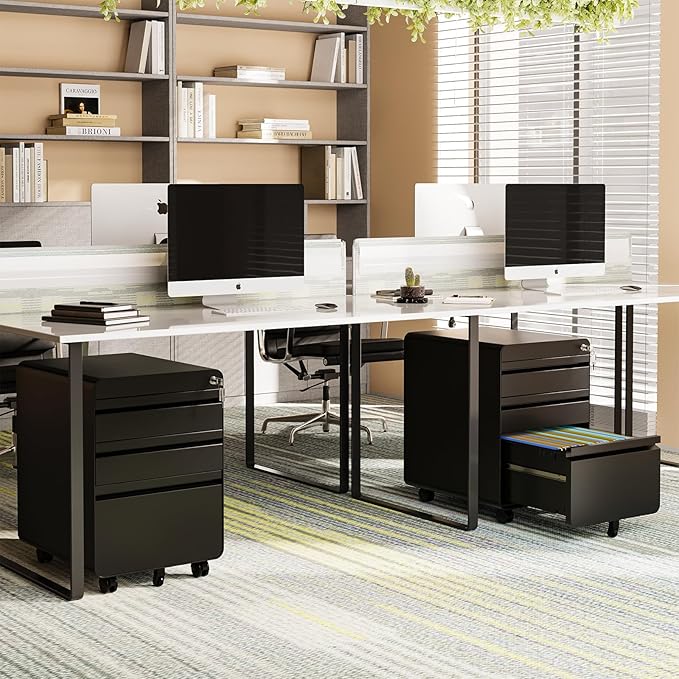 Rolling File Cabinet with Lock, 3 Drawer Metal Mobile Filing Cabinet Legal/Letter Size, Fully Assembled Except Casters, Black