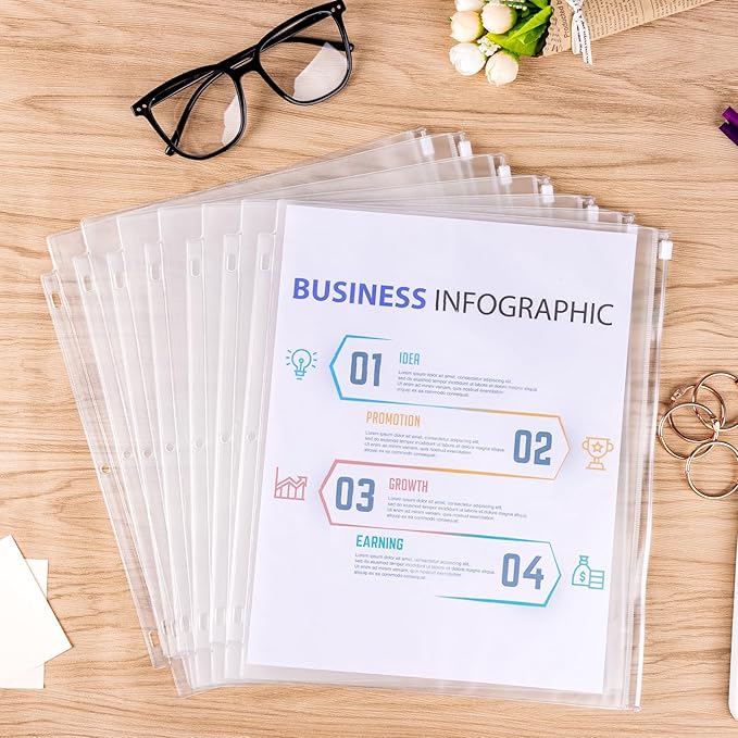 Antner 8 Pack Clear Letter Size Binder Pockets 3 Ring Binder Zipper Pouch Document Organizer, Waterproof PVC 3-Hole Loose Leaf File Bags Insert Sleeves Page Sheet Protectors Business Office Supplies